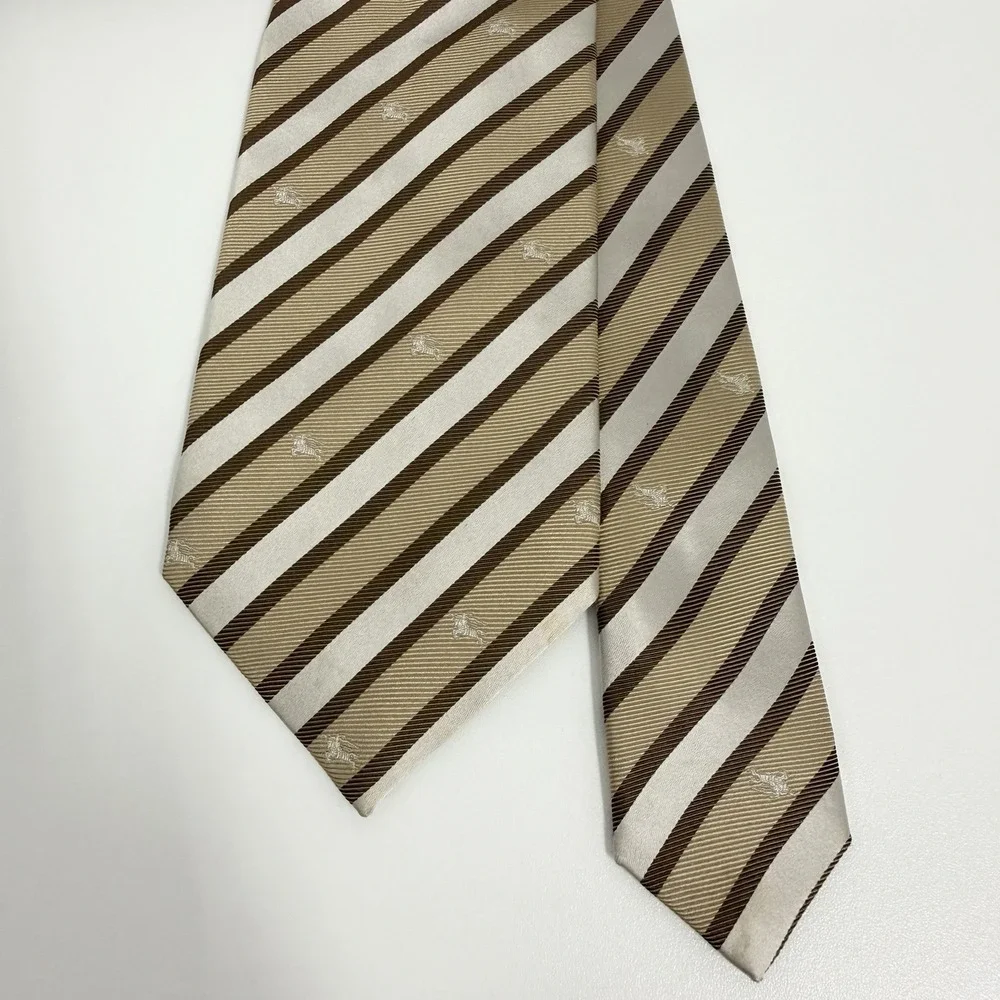 Burberry London Men's Tie Striped Equestrian Knight Logo Khaki Silk 3.5